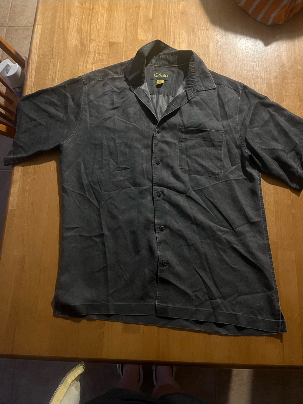 Cabela's Dark Gray Button-Up Shirt with Yellow Logo Tag